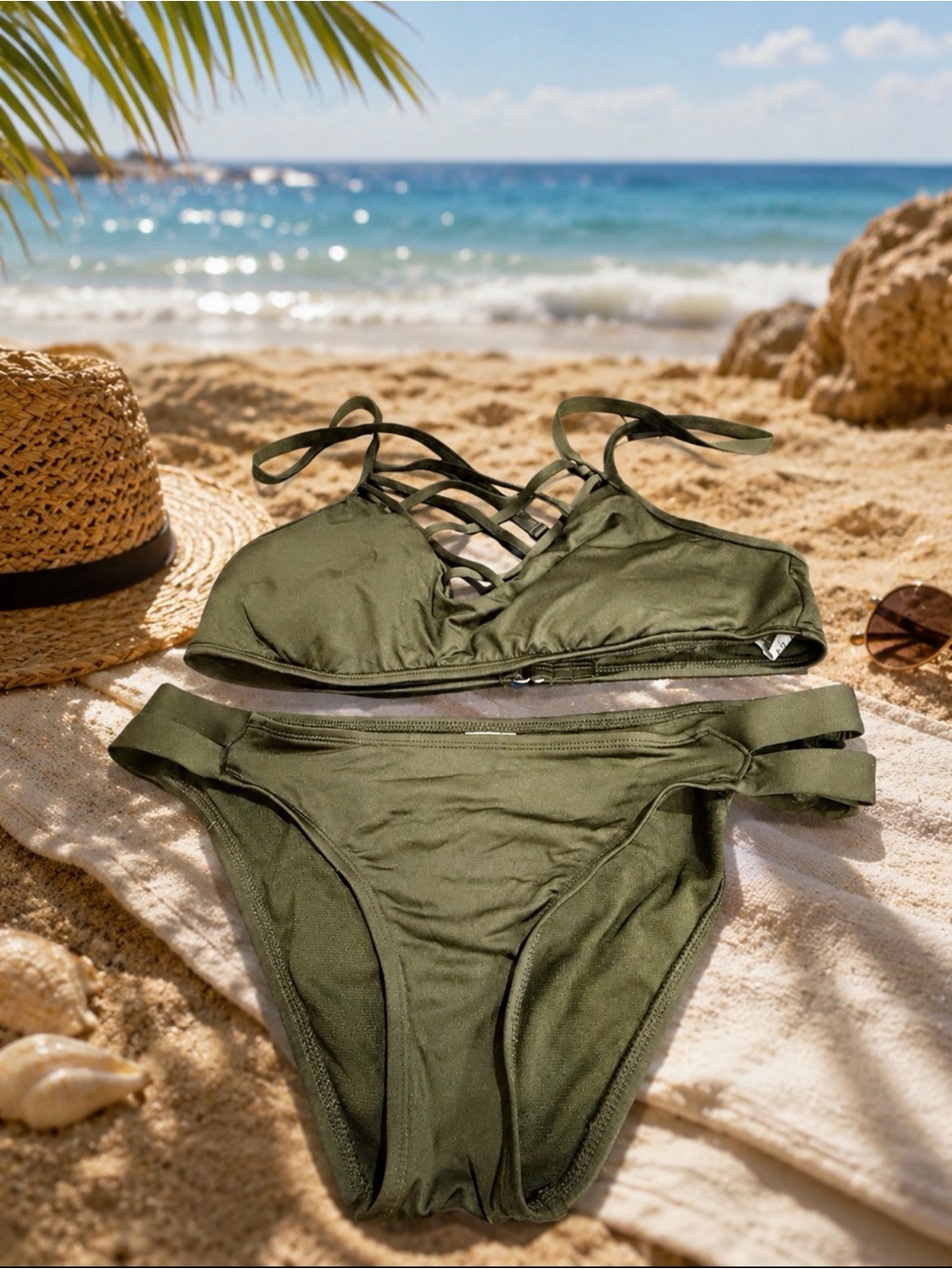 Olive Strappy Women's Bikini Set - top xl bottom l